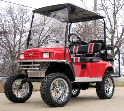 SaferWholesale EZ-GO Custom Red, Black and Silver Lifted Electric Golf Cart