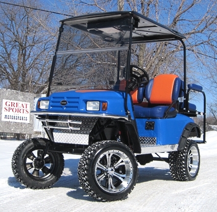 SaferWholesale EZ-GO Custom Blue With Orange & Silver Lifted Electric Golf Cart