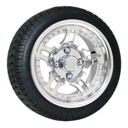 SaferWholesale 4 205x30-12 Ultra GT Tires on 12x7 Supernova Vacuum Chrome Finish Golf Cart Wheels