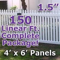 SaferWholesale 150 ft Complete Solid PVC Vinyl Open Top Straight Picket Fencing Package - 4' x 6' Fence Panels w/ 1.5