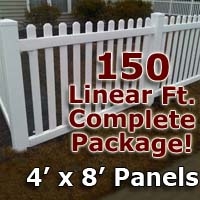 SaferWholesale 150 ft Complete Solid PVC Vinyl Open Top Picket Fencing Package - 4' x 8' Fence Panels w/ 3