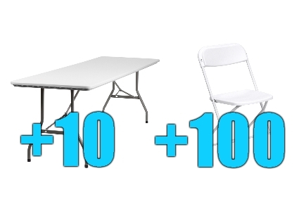 SaferWholesale Package of 100 White Steel Frame Folding Chairs + 10 8ft Folding Tables