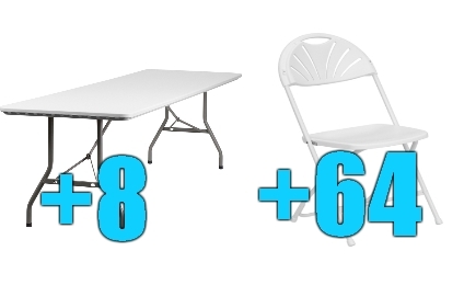 SaferWholesale Package of 64 White Steel Frame Folding Chairs + 8 8ft Folding Tables