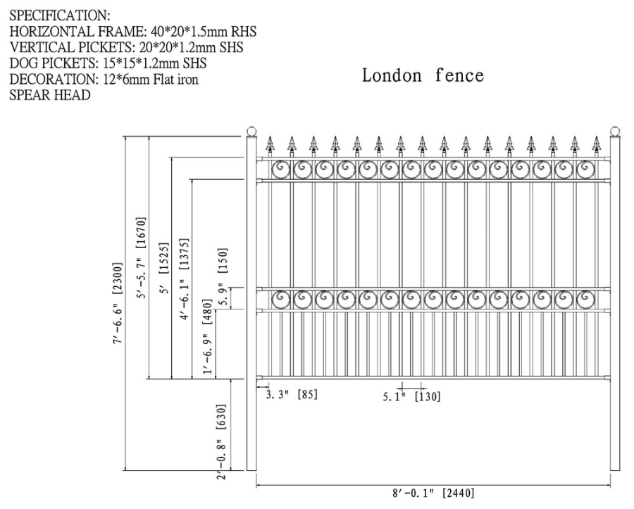 London Style Iron Driveway Fence 8' x 5'