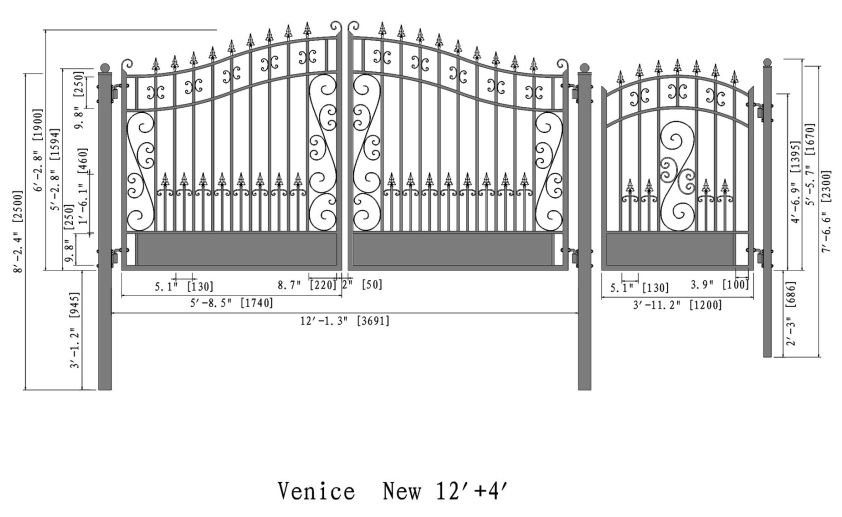 Venice Style Swing Dual Steel Driveway Gates 12 ft with 4' Pedestrian Gate