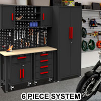 6-Pcs Garage Storage Cabinet System Workshop Set Garage Cabinets and Storage System with Steel Cabinet Drawers, Rolling Chest, Workbench, Pegboard for Garage Tool Organization