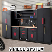 9-Pcs Workshop Set Garage Cabinets and Storage System with Steel Cabinet Drawers, Rolling Chest, Workbench, Pegboard for Garage Tool Organization, Black and Red