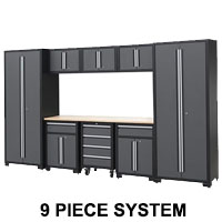 9-Piece Steel Garage Storage Cabinet System with Wooden Work Top, 130 in. L x 18 in. D x 76 in. H Assembled Workshop Chest Cabinet Set in Charcoal Gray - No Peg Board