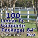 100 ft Complete Solid 3 Rail Ranch PVC Vinyl Fencing Package - Three Rail Fence