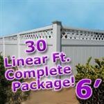 30 ft Complete Solid PVC Vinyl Privacy Fence 6' Wide Fencing Package w/ Accent Top