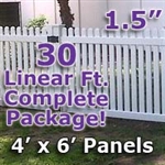 30 ft Complete Solid PVC Vinyl Open Top Straight Picket Fencing Package - 4' x 6' Fence Panels w/ 1.5" Spacing