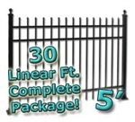 30 ft Complete Spear Top Residential Aluminum Fence 5' High Fencing Package