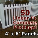 50 ft Complete Solid PVC Vinyl Open Top Picket Fencing Package - 4' x 6' Fence Panels w/ 3" Spacing