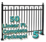 50 ft Complete Spear Smooth Top Residential Aluminum Fence 5' High Fencing Package